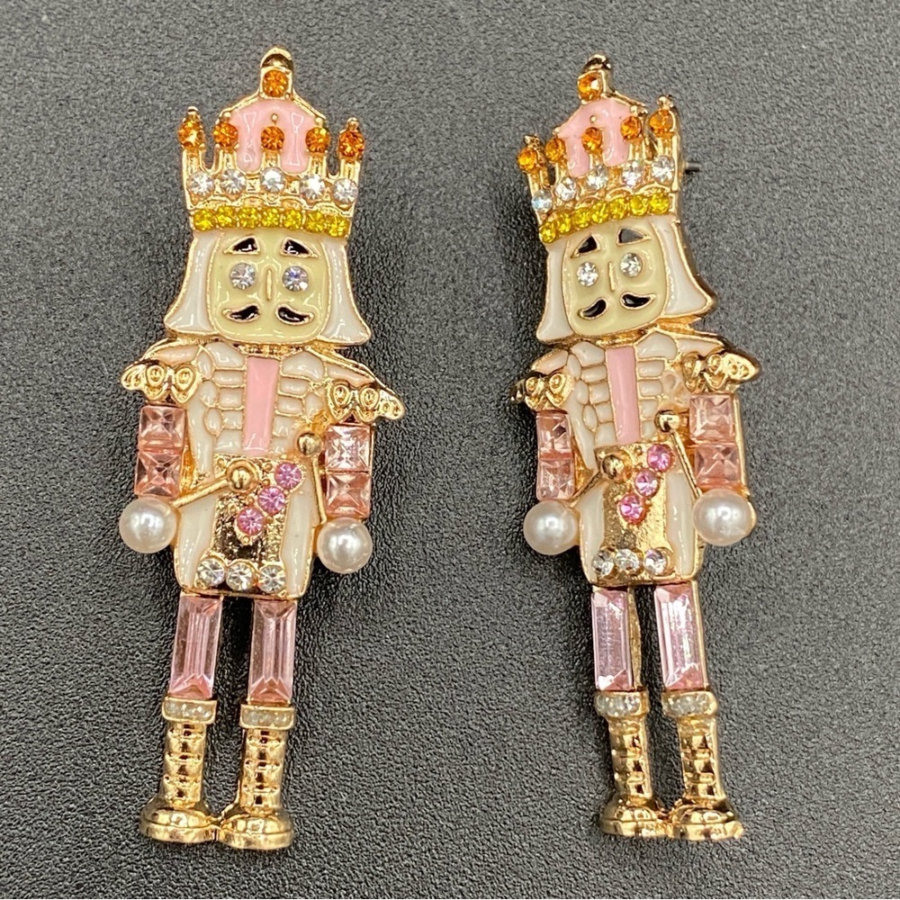 Nutcracker Sparkly Rhinestone Pink Christmas Holiday Earrings pierced